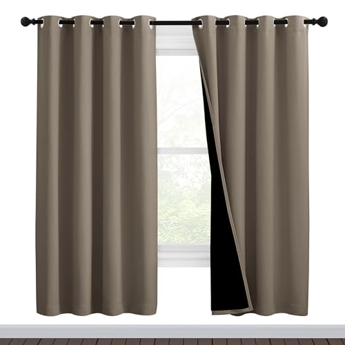Image of NICETOWN Taupe Full Shade Curtain Panels, Pair of Thermal Insulated & Energy Efficiency Blackout Curtains for Living Room Windows, Lined Silky Performance Window Dressing (46 inch Wide x 72 inch Long, Taupe)