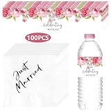 200PCS Wedding Water Bottle Labels Napkins Set, Pink Flowers Personalized Thank You Bottle Stickers & Dessert Cocktail Napkins Wedding Decorations for Reception