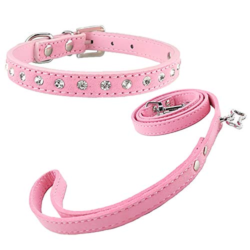 Newtensina Netter Diamante Welpen Halsband und Leine Set Bling Wildleder Halsband mit Leine für kleine Hunde Katzen - Pink - XS