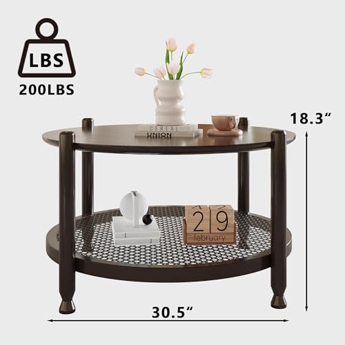 Image of NSdirect 32 inch Round Coffee Table for Living Room, 2-Tier Solid Wood Center Table for Home Decor with Boho Woven Rattan Storage Shelf | Modern Farmhouse Design, Easy Assembly, Black Brown
