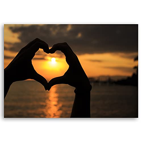 Feeby Schilderij op Vlies Canvas XXL 120x80 cm Hartvormige handen Zonsondergang Strand Muurschildering Kunstfoto'S Slaapkamer Deco Woonkamer Wolken Schemering Symbool Meer Oranje - Afbeelding 3