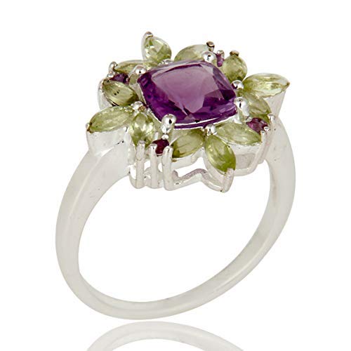 925 Sterling Silver Amethyst and Peridot Floral Ring for Women – Handmade Cluster Gemstone – Natural Purple and Green Crystal Statement Jewelry Gift