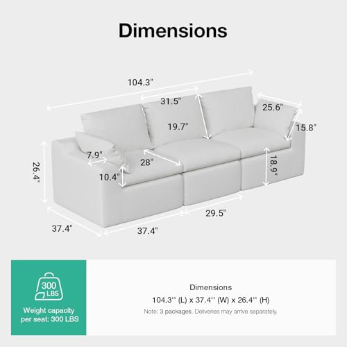 Image of Novilla 104.3 inch Modular Cloud Couch, Modern Sectional Sofa with Smarts Coil Support, Chenille Fabric, Upholstered Couch for Living Room Apartments Bedroom, No Assembly, 3 Seater, White