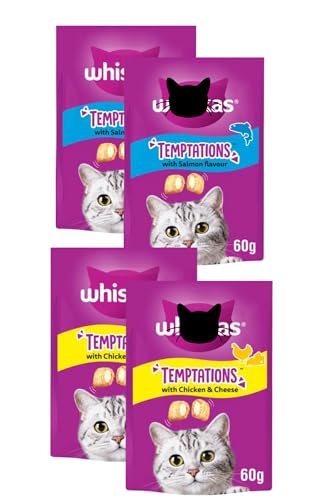 Cat Treat Bundle Pack, Temptations with Chicken and Cheese, Salmon Flavour, 4 Packs, 60g Each, Dual-textured with Thank You Card