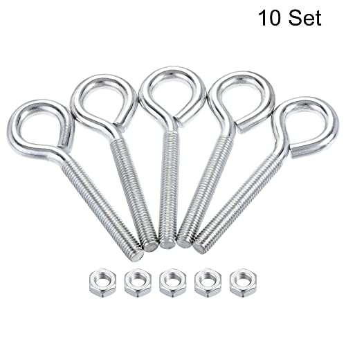Image of uxcell M8x60mm Eye Hooks Screws Bolts Kit, 10pcs Carbon Steel Hanger Eyelet Hooks Screw with Hex Nuts for Metal Hook, Wood Terminal Ring Hooks