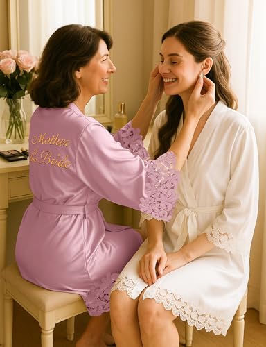 Image of EPLAZA Bride Robe for Wedding Day Set Bridal Robe Lace Trim Silky Embroidery Satin Kimono for Bridal Party