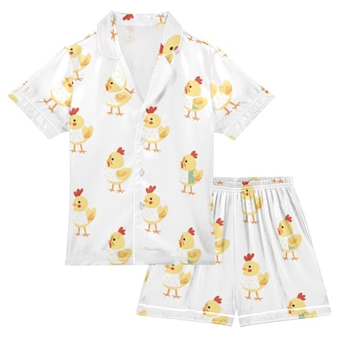 ALAZA Funny Chicken White Satin Pajamas Set Short Sleeve Button Down Sleepwear Summer Pjs 2 Piece