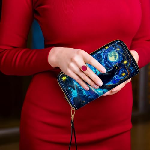 Women's Card Holder Wristlet Wallet, Convenient Travel Long Wallet with Strap and Pink Compact Mirror, Fashion and Sturdy Wristlet Long Purse for Women, Starry Night Cat2