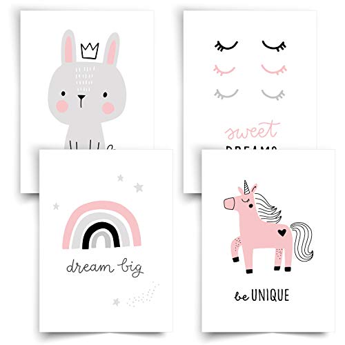 Donari® Bilder Kinderzimmer Mädchen DIN A4 • Poster Kinder Prinzessin und Einhorn • Dekoration Mädchenzimmer Rosa Wandposter Set • Deko Teenager Mädchen Zimmer (Set 2) Cover