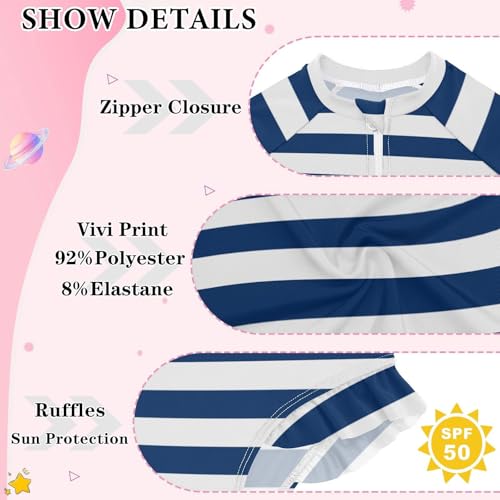 CaTaKu Girls Swimsuit One Piece Rash Guard Blue and White Striped Kids Bathing Suit Long Sleeve UPF 50+ Swimwear 3-12T4