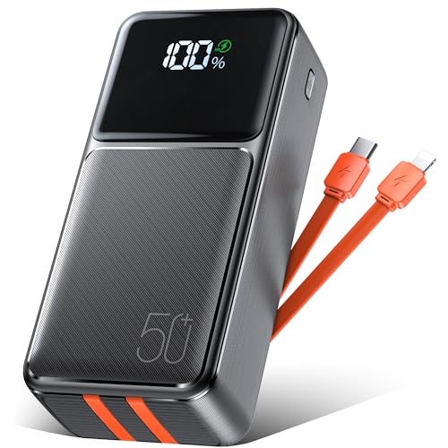 50000 mAh Bateria externa Power Bank: 22,5 W carregamento rápido carregador portátil com cabo integrado, bateria portátil USB C 5 Output com ecrã LED Powerbank para smartphones tablet (preto laranja)
