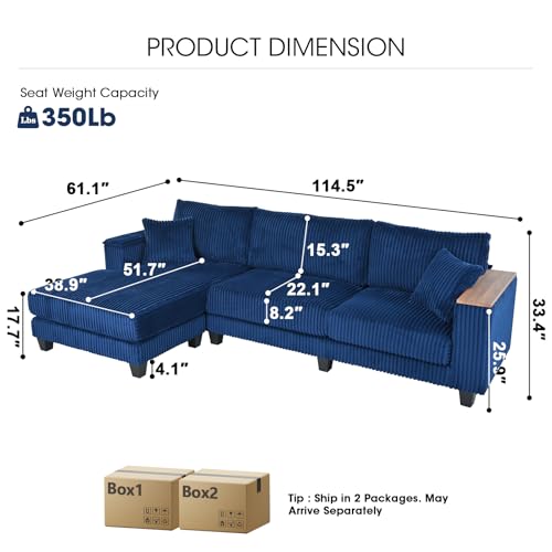 Image of 114.5 inch Corduroy Couch Sectional with Reversible Chaise with 2 Pillows Oversized Couch L Shaped Sofa with Two Armrests Hidden Storage Space Sectional Couches for Living Room Blue