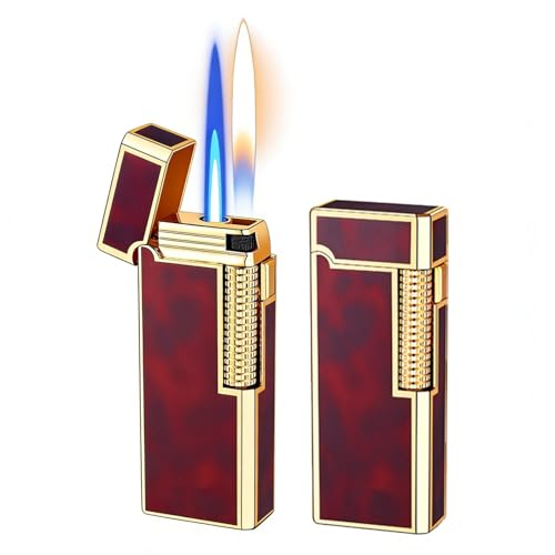 Encendedor de doble llama: ajustable a llama abierta y llama de chorro, diseño retro de rodillo deslizante lateral; Encendedor de butano recargable (caja de regalo incluida).(B)