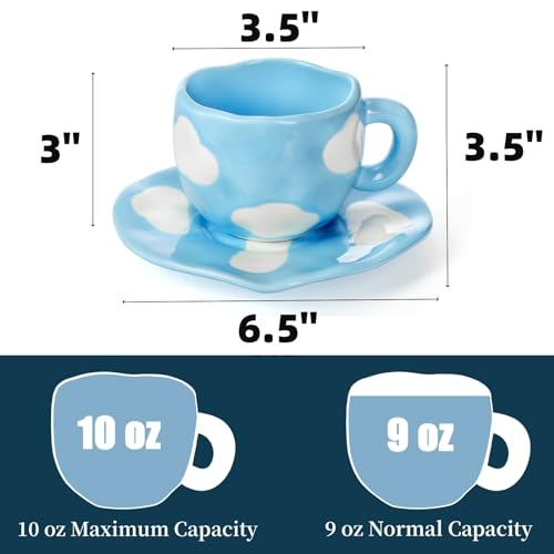 Cute Cloud Ceramic Coffee Mug with Saucer - 10 OZ, Aesthetic Cappuccino Cup, Dishwasher and Microwave Safe