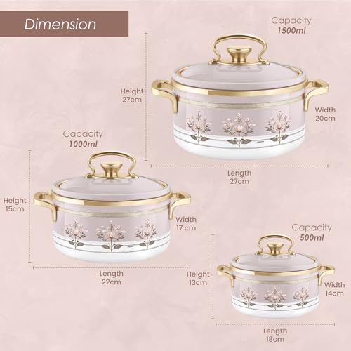 Image of Nayasa Rachel Casserole- Small Set of 3, 500, 1000, 1500 ML | BPA Free | Food Grade | Easy to Carry | Easy to Store | Hot Pot for Kitchen | Roti Box | Pink
