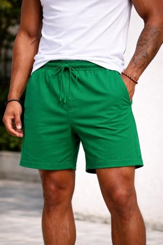 Image of Men's Solid Cotton Lounge Shorts | Premium Soft Breathable Casual Shorts with Elastic Drawstring Waist | Regular Fit Above Knee for Home, Gym & Travel