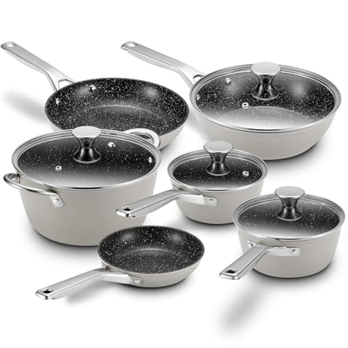 Induction Hob Pan Set, BEZIA Pots and Pans Set Nonstick 10-Piece, PFOS & PFOA Free Kitchen Cooking Set with Frying Pans, Suitable for All Stoves, Grey