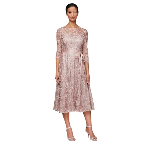 Alex Evenings Women's Tea Length Embroidered Cocktail Dress with Illusion Sleeves, Wedding Guest (Petite and Regular Sizes)