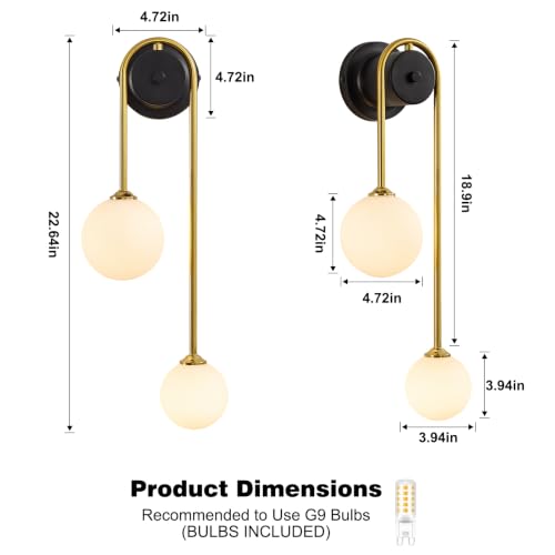 Image of Globe Wall Sconce, Double Hanging Ball Sconce, Modern Indoor Sconces | Gold Double Globe wall Sconce with Milk Glass Shades, Hardwired Indoor ball Sconce for Bedroom Bathroom Living Room Hallway
