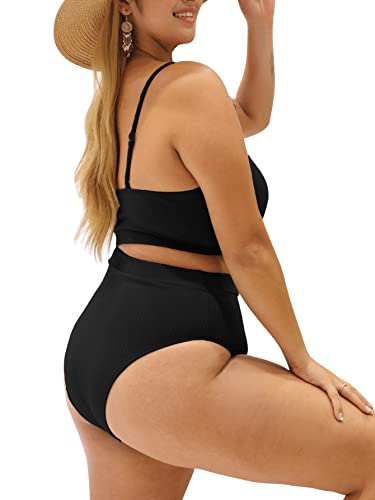 Romwe Women's Plus 2 Piece Ribbed High Waist Bikini Sets Basic Swimsuits Solid Bathing Suits Swimwear Black 3Xl #TOP1