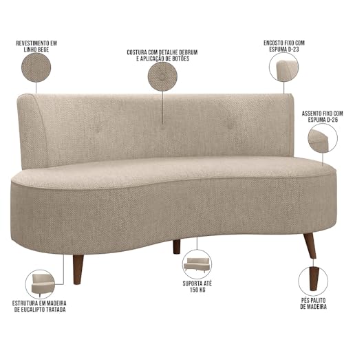 Sofá Chaise Living 2 Lugares 135cm para Sala Istambul K01 Linho Bege - Lyam Decor