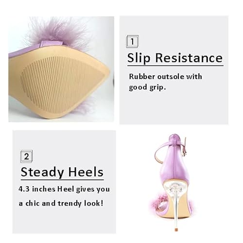 Erikenurben Women's Heeled Sandals 4.3 Inches Fluffy Feather Open Toe Stiletto High Heels Summer Ankle Strap Formal Party Dress Shoes Purple Us Size 9 #TOP4