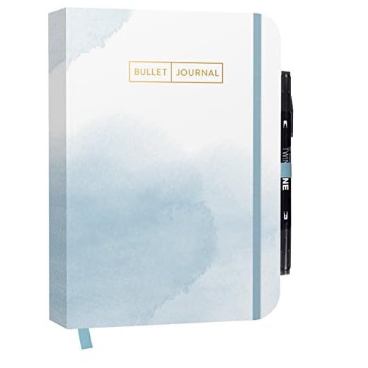 Bullet Journal "Watercolor Blue" 05 mit original Tombow TwinTone Dual-Tip Marker 33 black: Mit Punkteraster, Seiten für Index, Key und Future Log ... praktischem Verschlussband und Innentasche