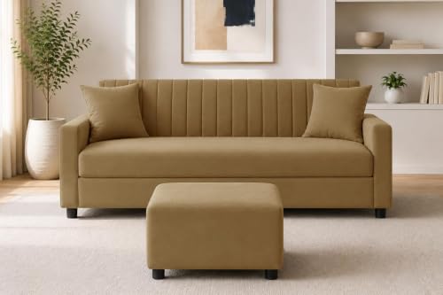 Image of Urban Decor 3 Seater Wooden Sofa Set with Matching Ottoman, Modern Channel Tufted Velvet Fabric Couch for Living Room-Golden