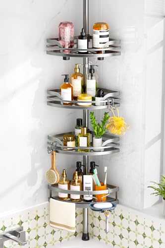 HAMITOR Shower Caddy Tension Pole：4-Tier Rustproof Bathroom Corner Shelf for Renters - 47-121inches Adjustable Bathtub Organizer with Soap Holder-large capacity rack for Shampoo Storage Home Accessory
