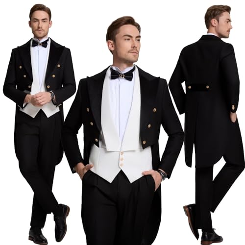 Wehilion Men's Tuxedo Suit Peacked Lapel Slim Fit Swallow Long Tailcoat Performances Party Wedding Jacket Vest Pants3