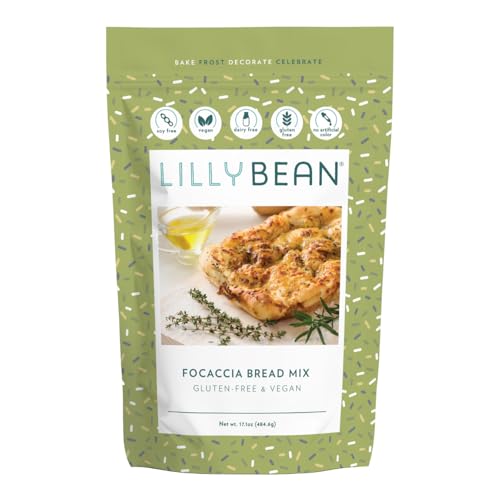 LillyBean Gluten Free Focaccia Bread Mix with No Artificial Colors - Dairy and Soy Free, Vegan - Make Hand-Tossed Garlic Knots, Stromboli, Breadsticks, Calzones, Flatbreads, Pizzas - 16oz