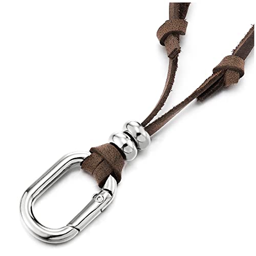 COOLSTEELANDBEYOND Mens Women Oval Beads Charm Pendant Necklace, Retro Style with Adjustable Brown Leather Cord