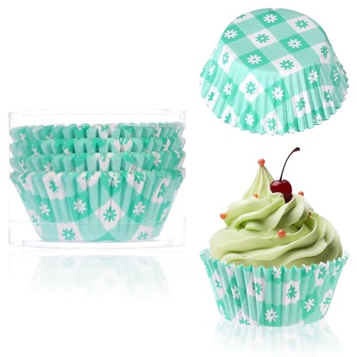 Glavatrix 100PCS Floral Cupcake Liners Green Flower Checkered Standard Muffin Liners Decorative Paper Baking Cups Cupcake Wrappers for Spring Wedding Bridal Baby Shower Birthday Tea Party Supplies