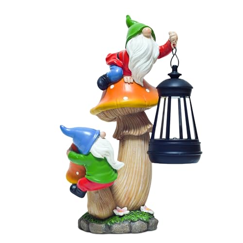 YUETJIN Funny Garden Gnomes Outdoor Climbing on Mushroom with Holding a Solar LED Lantern Resin Mushroom Statue for Patio Yard Lawn Porch Decor