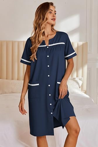 Image of Ekouaer Nightgowns for Women House Dress with Pockets Button Down Sleepshirt Short Sleeve Nightshirt Housecoat