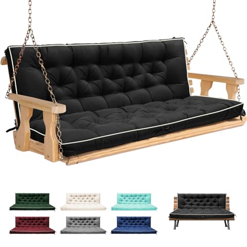 PITCTCHIC Porch Swing Cushions, Outdoor Swing Replacement Cushions 3 Seater with Backrest, Thickened Waterproof Bench Cushion with Ties for Patio, Outdoor, Backyard and Garden (Black)