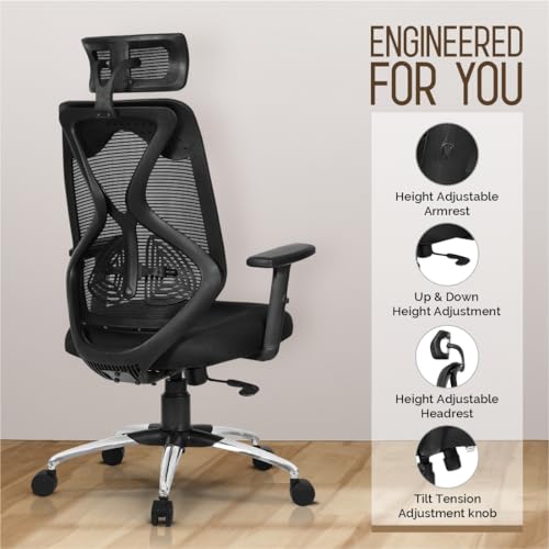 Image of Da URBAN Merlion Office Chair,High Back Mesh Ergonomic Home Office Desk Chair with 3 Years Warranty, Adjustable Armrests,Adjustable Lumbar Support,Tilt Lock Mechanism (Black)