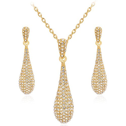 Gold Full Crystal Rhinestone Gem Tear Drop Pendant Necklace Earrings Jewelry Sets (Style01)