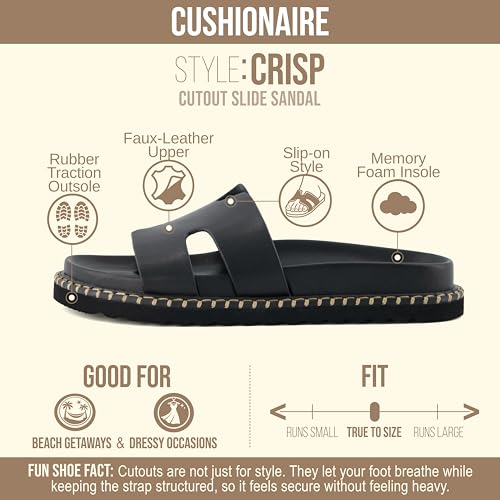 Image of CUSHIONAIRE Crisp Women's Slide Sandal - Faux Leather Cutout Slip-On with Artisan Stitching & Memory Foam, Wide Widths Available
