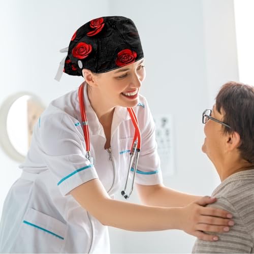Image of Red Blooming Rose Flowers Black Working Cap with Scrunchy and Ribbon Tie for Women, Long Hair