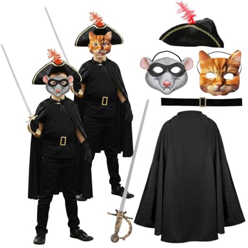 Costume hybride pour enfant - Costume 2 en 1 avec masque de rat en papier et masque pour chat, cape noire, épée en aluminium, ceinture et chapeau de...