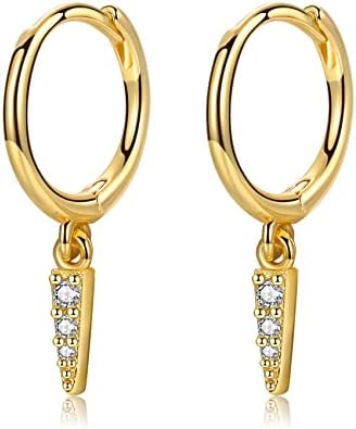 CERSLIMO Gold Dainty Dangle Huggie Hoop Earrings for Women Girls, S925 Sterling Silver Drop Earrings | 14K Gold Plated Small Minimalist Geometric Spike Evil Eye Lightning Bolt Dangle Earrings