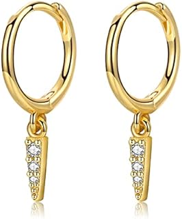 CERSLIMO Gold Dainty Dangle Huggie Hoop Earrings for Women Girls, S925 Sterling Silver Drop Earrings | 14K Gold Plated Small Minimalist Geometric Spike Evil Eye Lightning Bolt Dangle Earrings