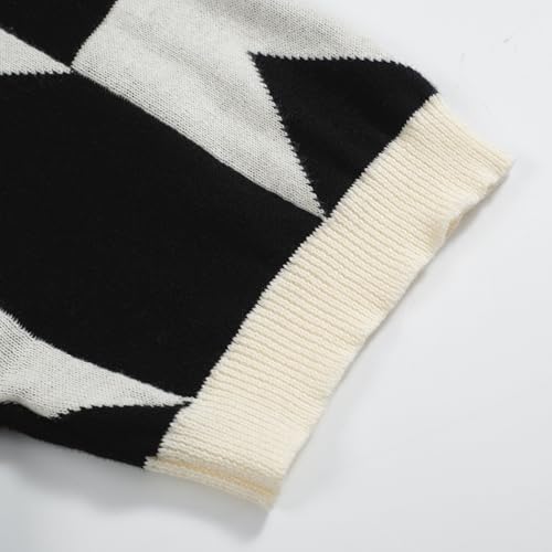 Men's Knitted Vintage Polo Shirt, 1960s Mod Style Retro Polo Black White Pattern Shirt with V-Neck4