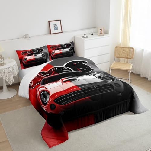 Image of Feelyou Red Black Race car Comforter Set Toddler Size Speed Sports Car Bedding Set for Kids Teens Racing Car Comforter Extreme Sports Duvet Set Decor Automobile Quilt 2Pcs