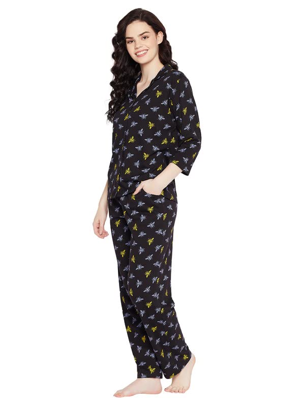 Image of Clovia Women's Cotton Printed Button Me Up Shirt & Pyjama Set in Black