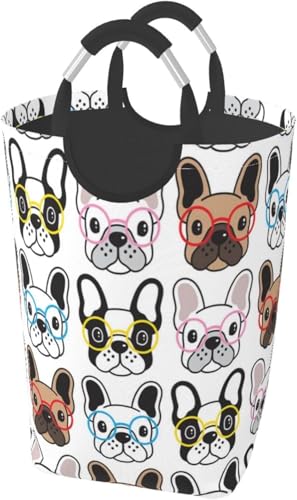 ランドリーバスケット大容量 洗濯かご 防水 メガネをかけたフレンチブルドッグ 折りたたみ 収納ランドリーボックス 多機能 洗濯ボックス アニメ シンプルでおしゃれ収納袋