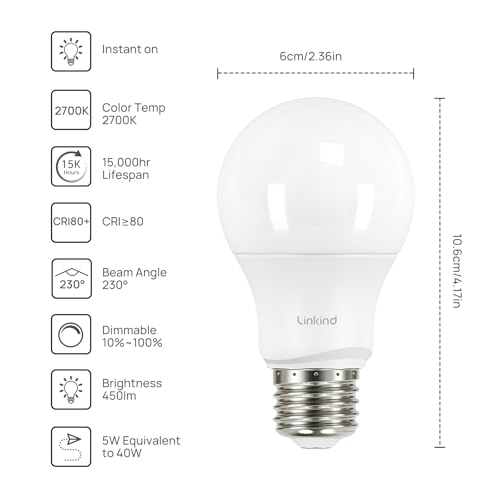 Image of Linkind A19 LED Light Bulbs Dimmable, 40 Watt Equivalent, E26 Base, 2700K Soft White, 5W 450 Lumens CRI80+, 120V, UL Listed FCC Certified, LED Lights for Bedroom Living Room Home Office, 6 Packs