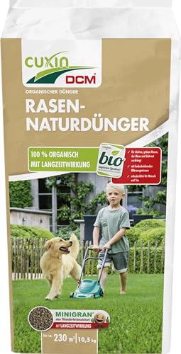 CUXIN DCM Rasen-Naturdünger - Langzeit Rasendünger - Mit MINIGRAN® TECHNOLOGY - unbedenklich für Haustiere - organischer NPK-Dünger - 10,5 KG für 230 qm
