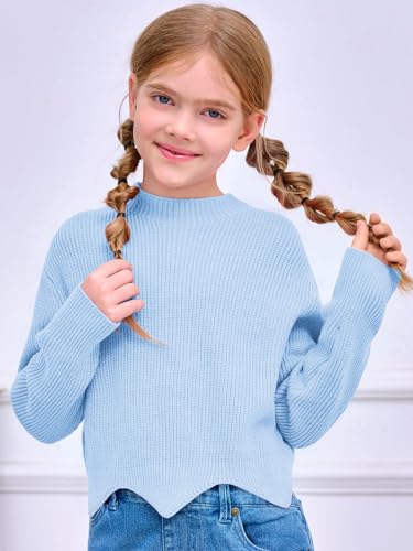 Image of Haloumoning Girls Mock Neck Sweaters Kids Fall Fashion Long Batwing Sleeve Rib Knit Pullover Clothes 5-14 Years Light Blue